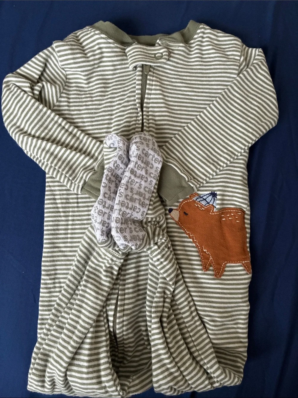 Striped Olive and Cream Baby Footie Pajamas with Deer Appliqué